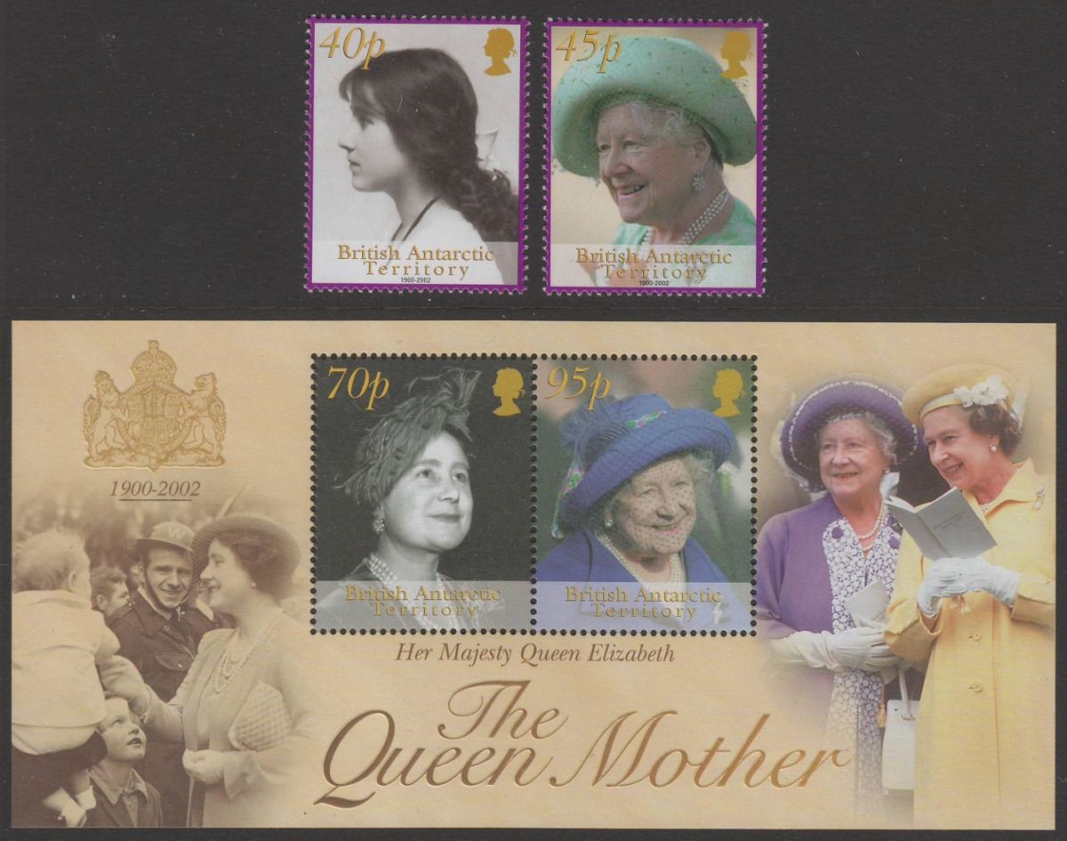 British Antarctic Territory 2002 Queen Mother Set + MS Mint SG344-MS346 cat £10