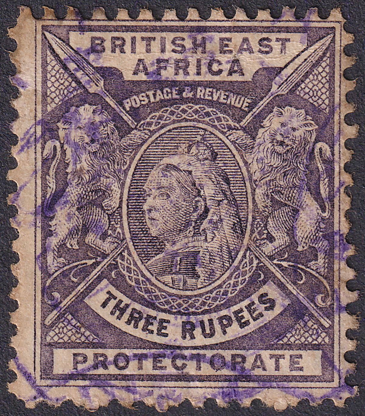 British East Africa 1896 QV 3r Deep Violet Fiscally Used SG77 TONED