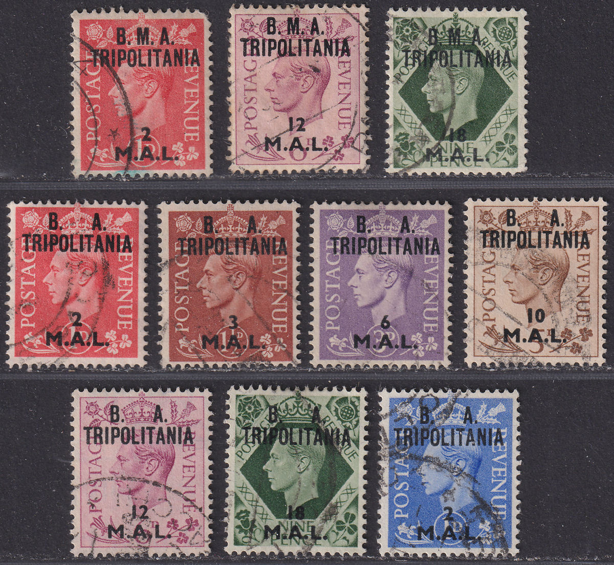 BOIC Tripolitania 1948-50 KGVI BMA / BA Surcharge Selection to 18l Used