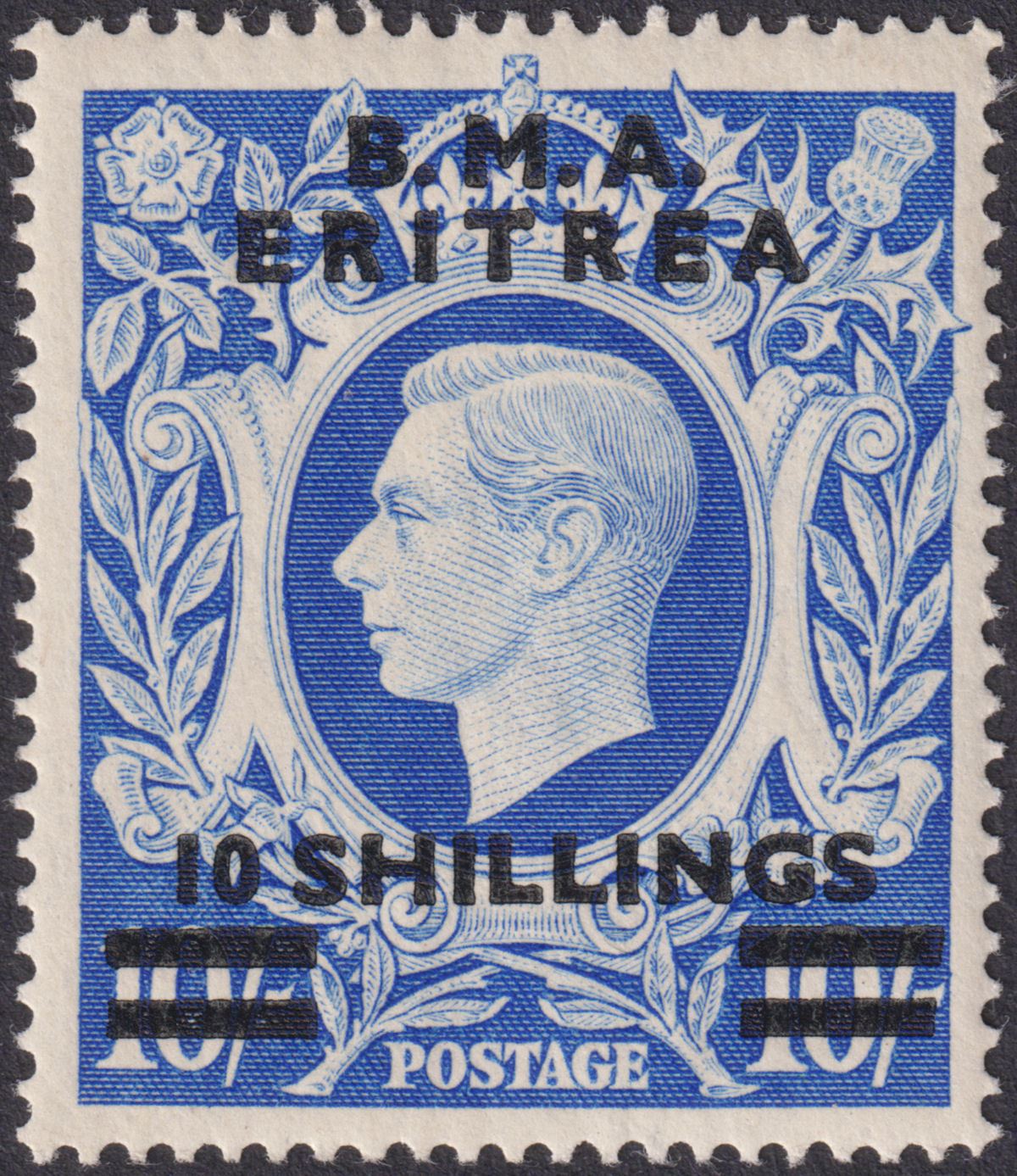 BOIC Eritrea 1948 KGVI BMA Surcharge 10sh Ultramarine Mint SG E12 cat £30