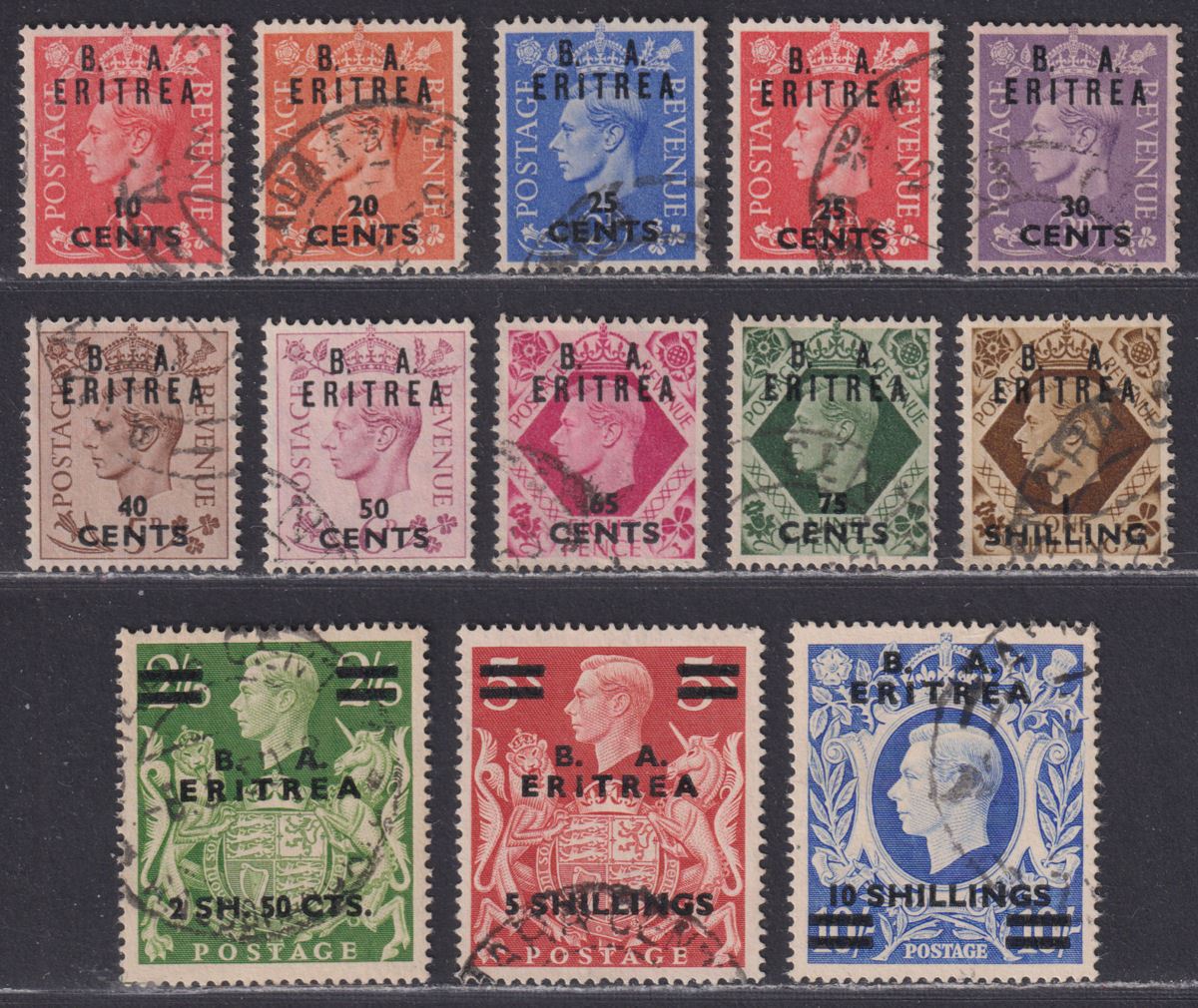 BOIC Eritrea 1950 KGVI BA Surcharge Set Used SG E13-E25 cat £100