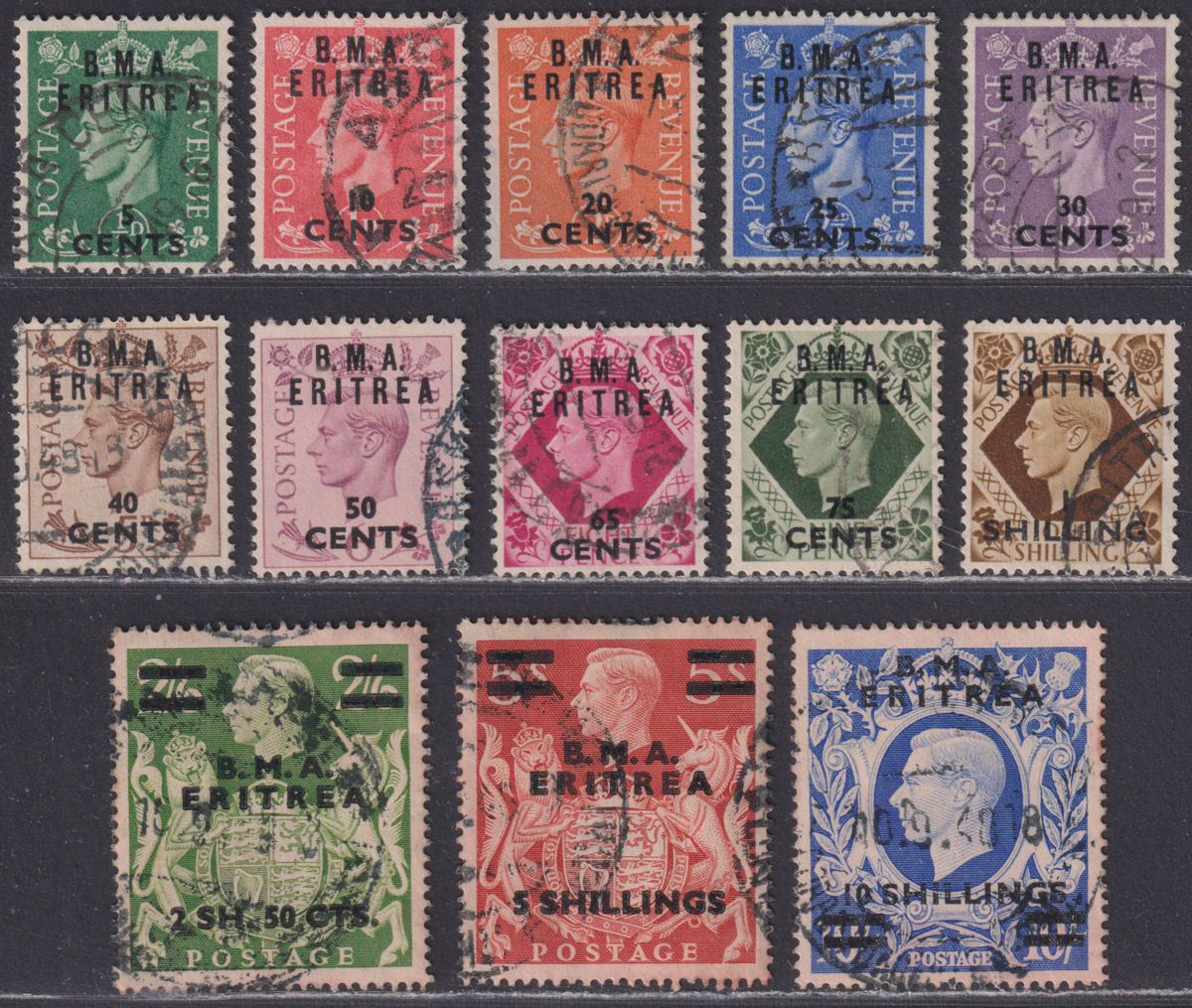 BOIC Eritrea 1948 KGVI BMA Surcharge Set Used SG E1-E12 cat £100 some faults