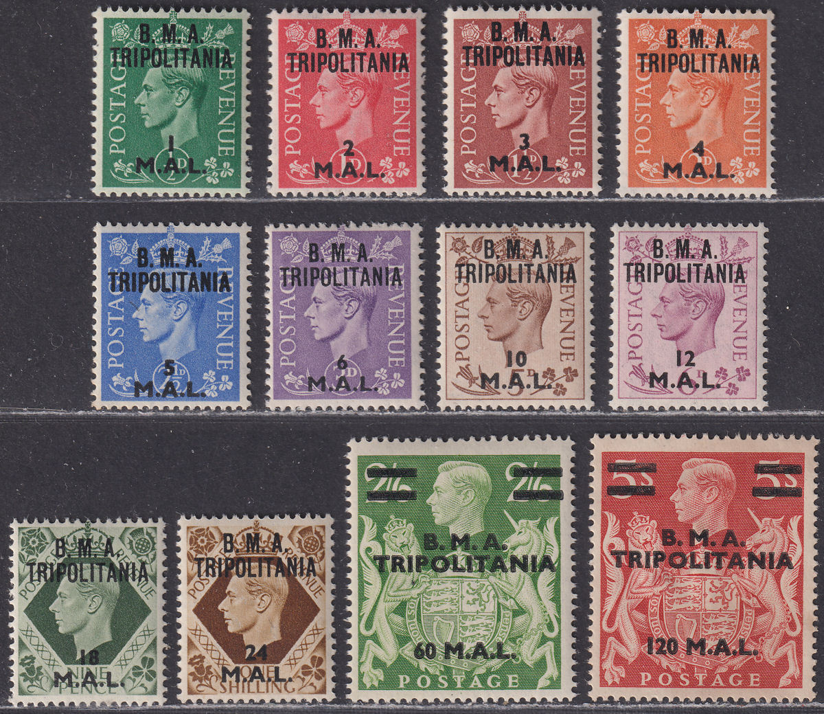 BOIC Tripolitania 1948 KGVI BMA Surc Set to 120l Most Mint SG T1-T12 faulty 120l