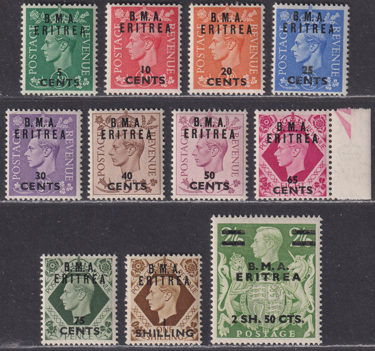 BOIC Eritrea 1948 KGVI BMA Surcharge Set to 2sh50 Mint SG E1-E10 cat £40
