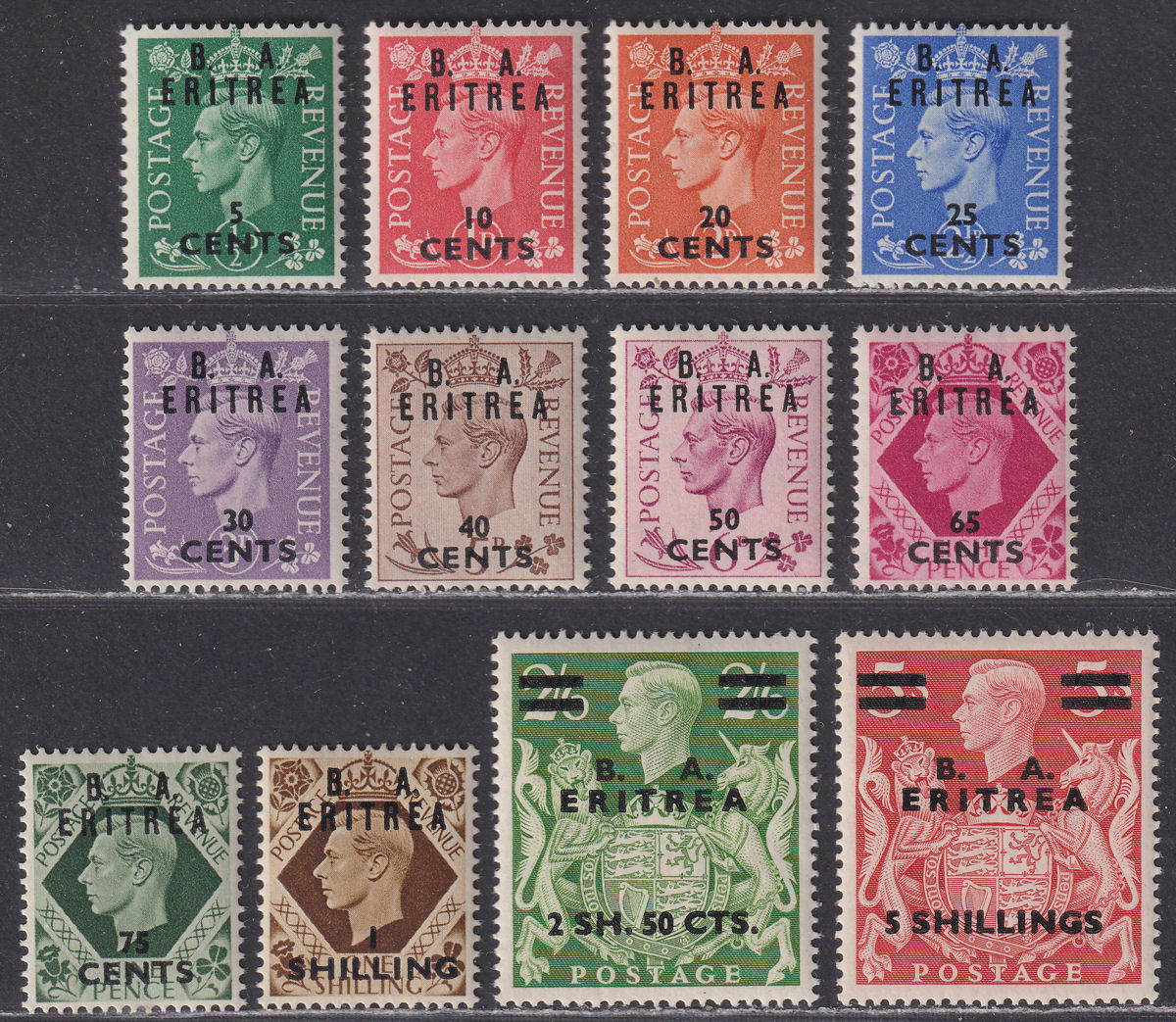 BOIC Eritrea 1950 KGVI BA Surcharge Set to 5sh Mint SG E13-E24 cat £35