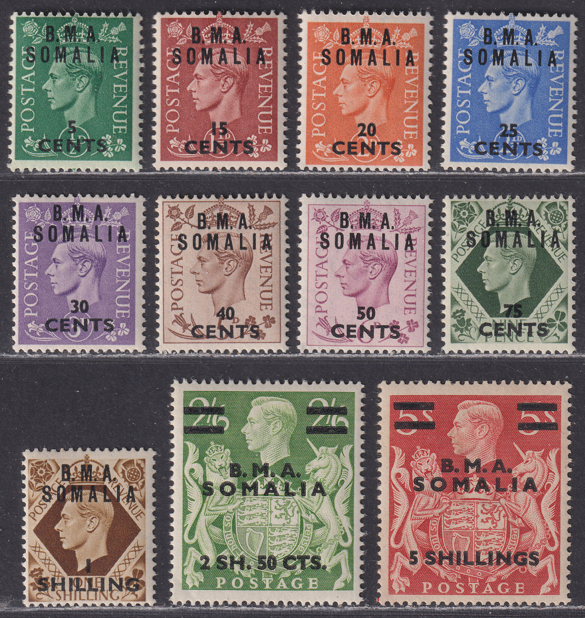 BOIC Somalia 1948 KGVI BMA Surch Set Mostly Mint SG S10-S20 cat £55 faulty 5sh