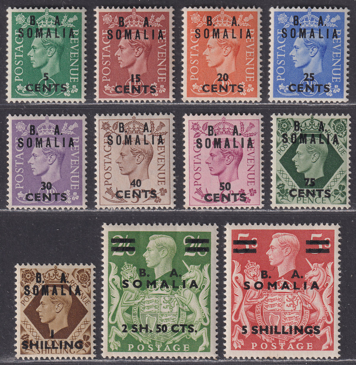BOIC Somalia 1950 KGVI BA Surcharge Set Mint SG S21-31 cat £38 some tones