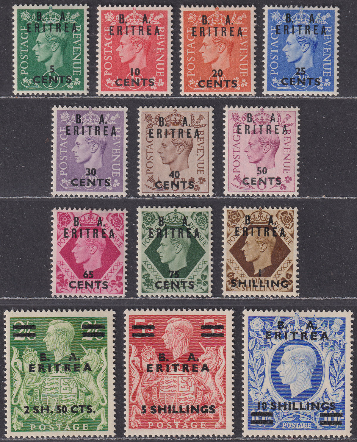 BOIC Eritrea 1950 KGVI BA Surcharge Set Mint SG E13-E25 cat £100