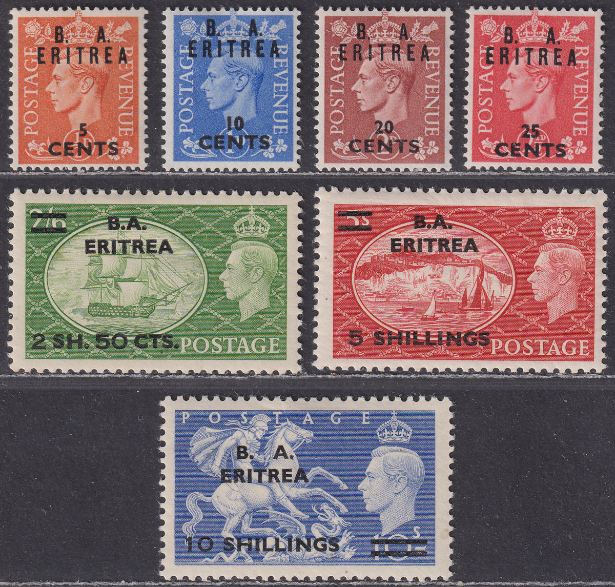 BOIC Eritrea 1951 KGVI BA Surcharge Set Mint SG E26-E32 cat £75