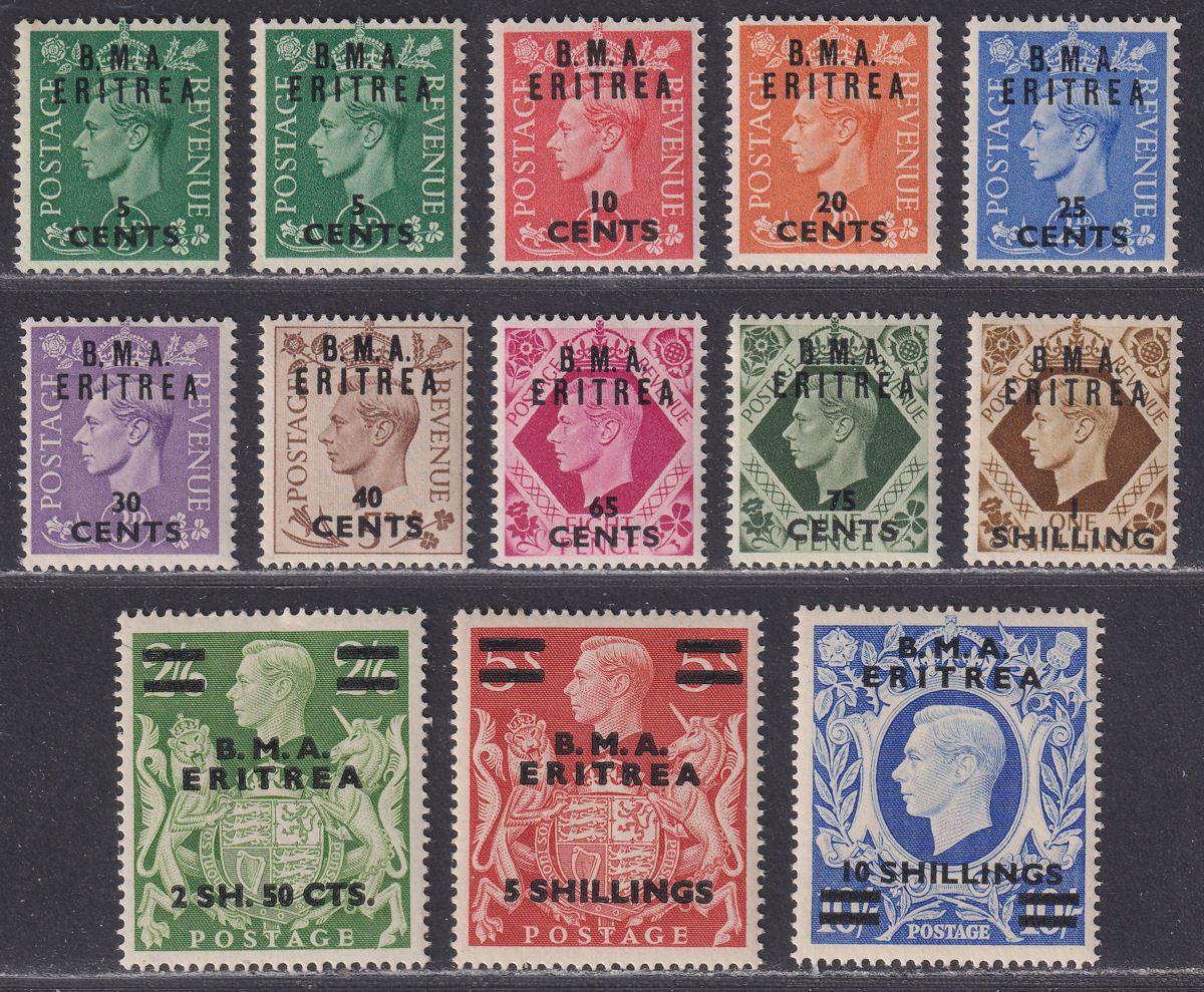 BOIC Eritrea 1948 KGVI BMA Surcharge Part Set to 10sh (missing 50c) Mint cat £70