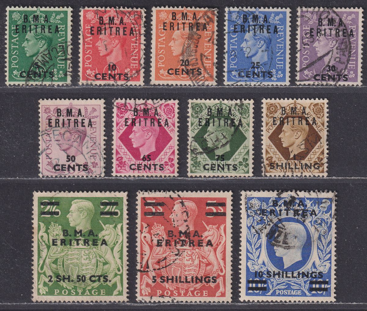 BOIC Eritrea 1948 KGVI BMA Surcharge Part Set to 10sh (missing 40c) Used cat £95