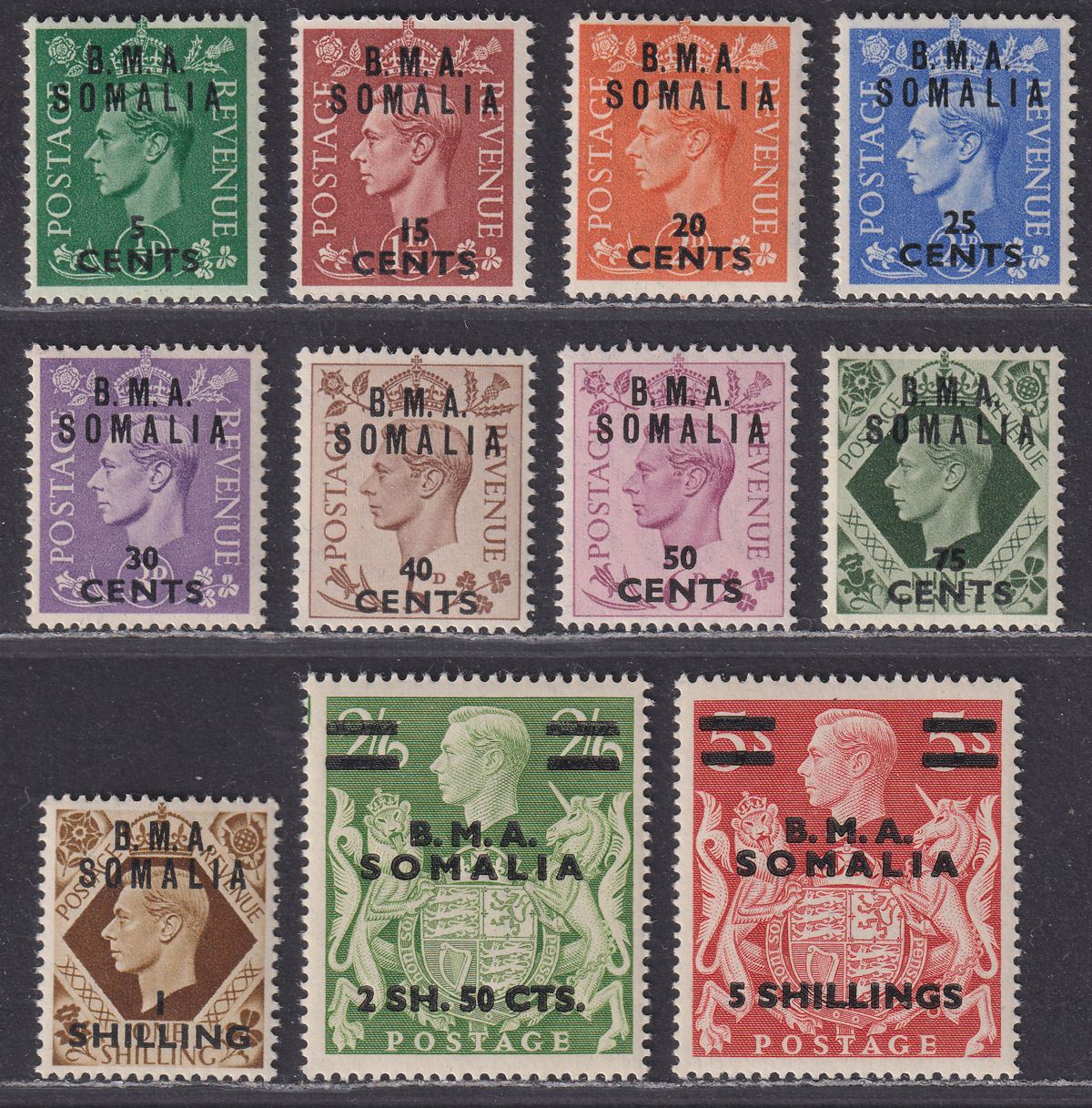 BOIC Somalia 1948 KGVI BMA Surcharge Set UM Mint SG S10-S20 cat £55