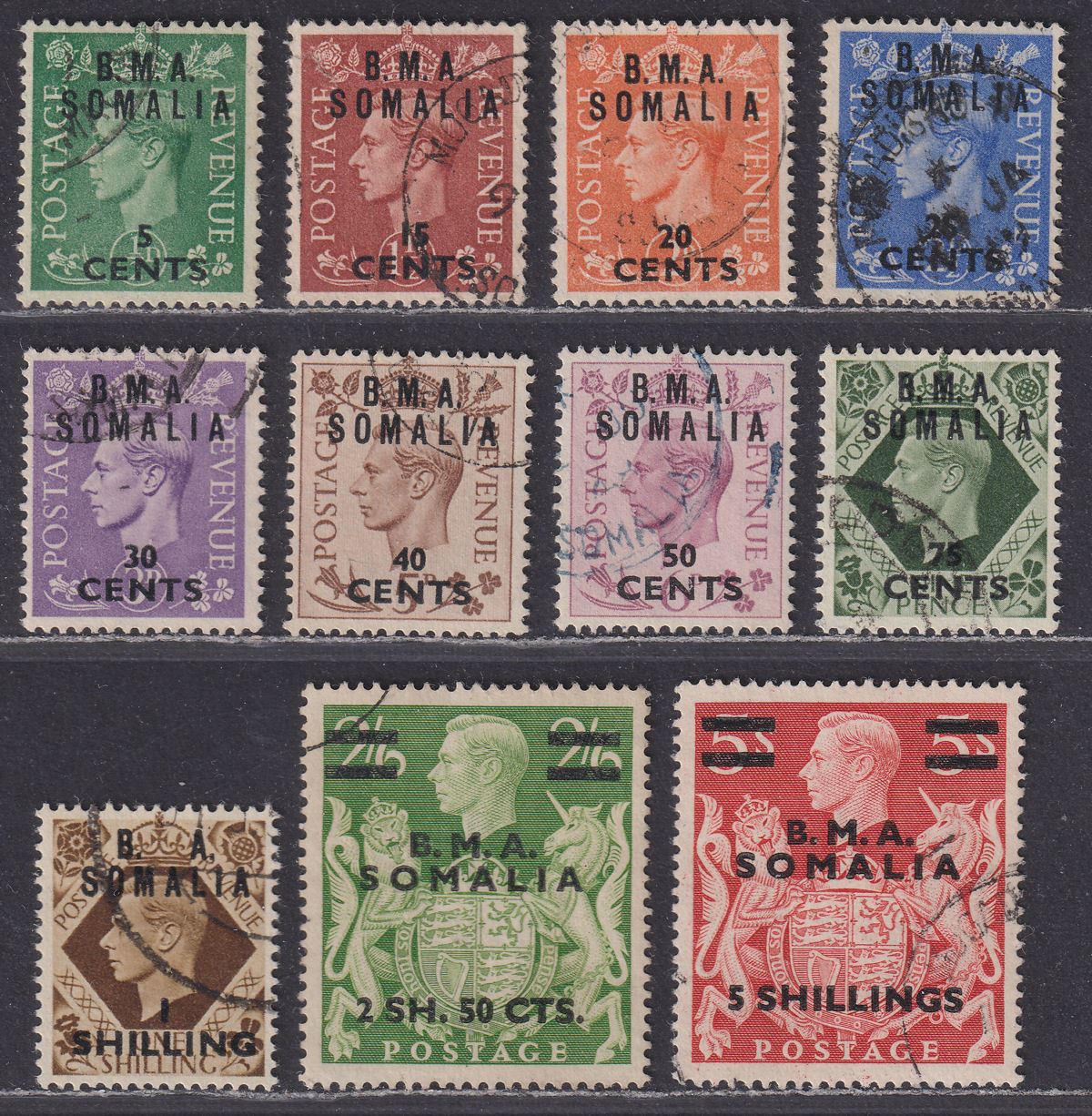 BOIC Somalia 1948 KGVI BMA Surcharge Set Used SG S10-S20 cat £140