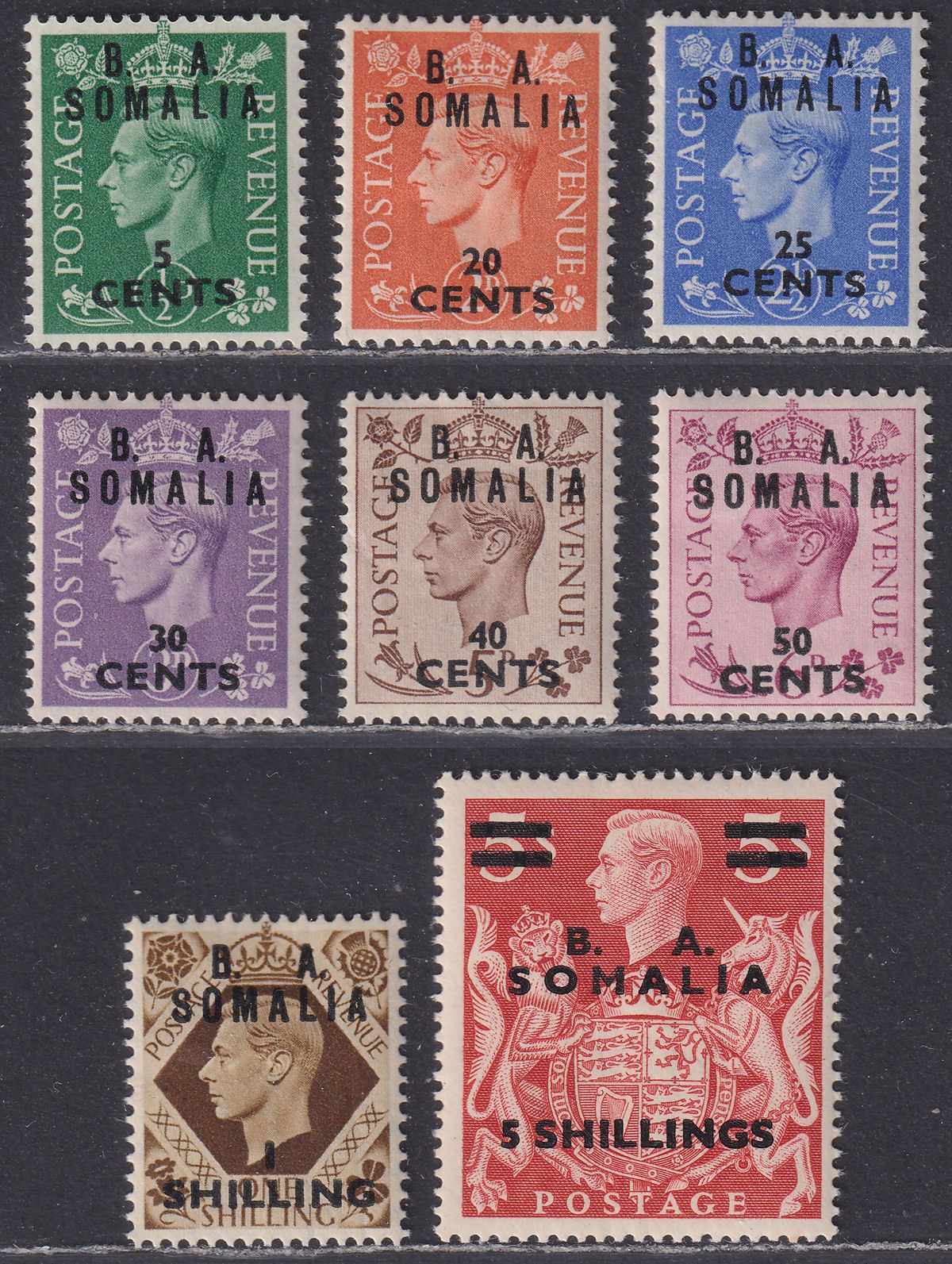 BOIC Somalia 1950 KGVI BA Surcharge Part Set to 5sh Mint