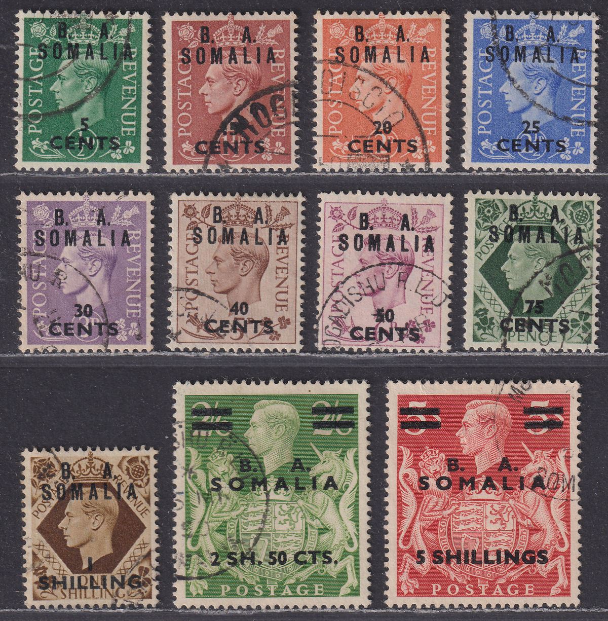 BOIC Somalia 1950 KGVI BA Surcharge Set Used SG S21-31 cat £150