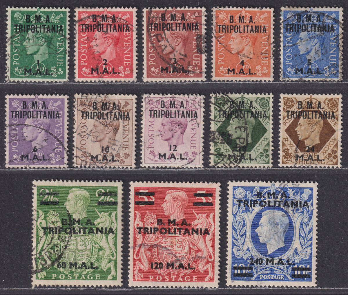 BOIC Tripolitania 1948 KGVI BMA Surcharge Set Used* SG T1-T13 c£200 suspect pmks