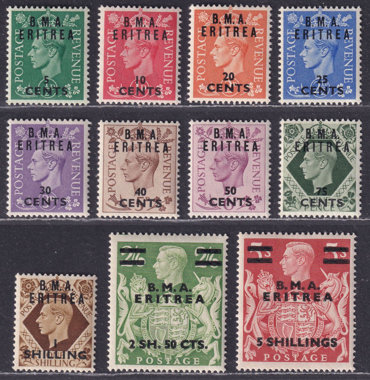 BOIC Eritrea 1948 KGVI BMA Surcharge Part Set to 5sh UM Mint MNH cat £40