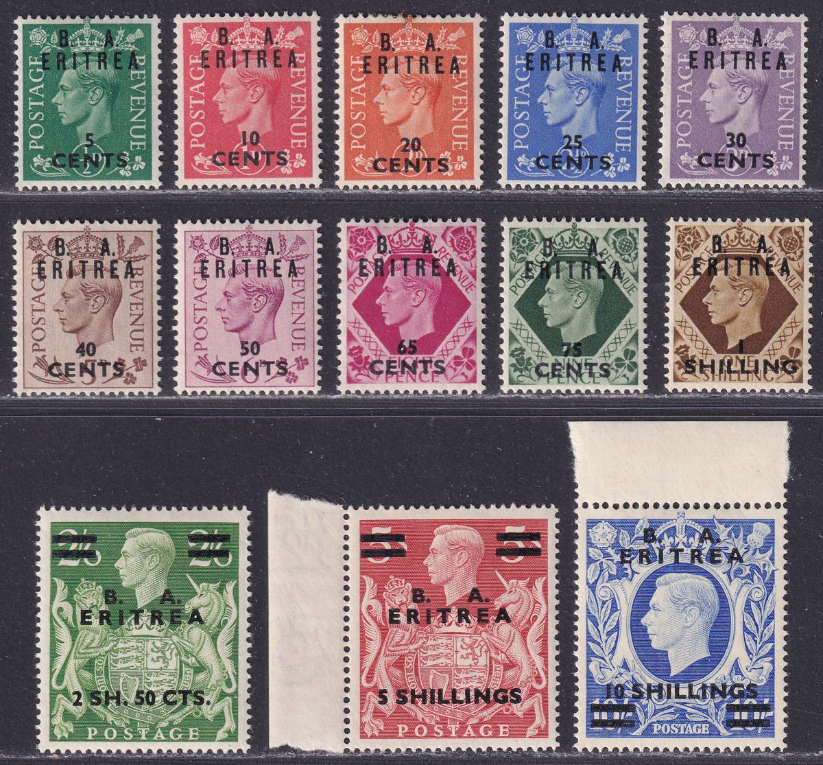 BOIC Eritrea 1950 KGVI BA Surcharge Set Mint SG E13-E25 cat £100