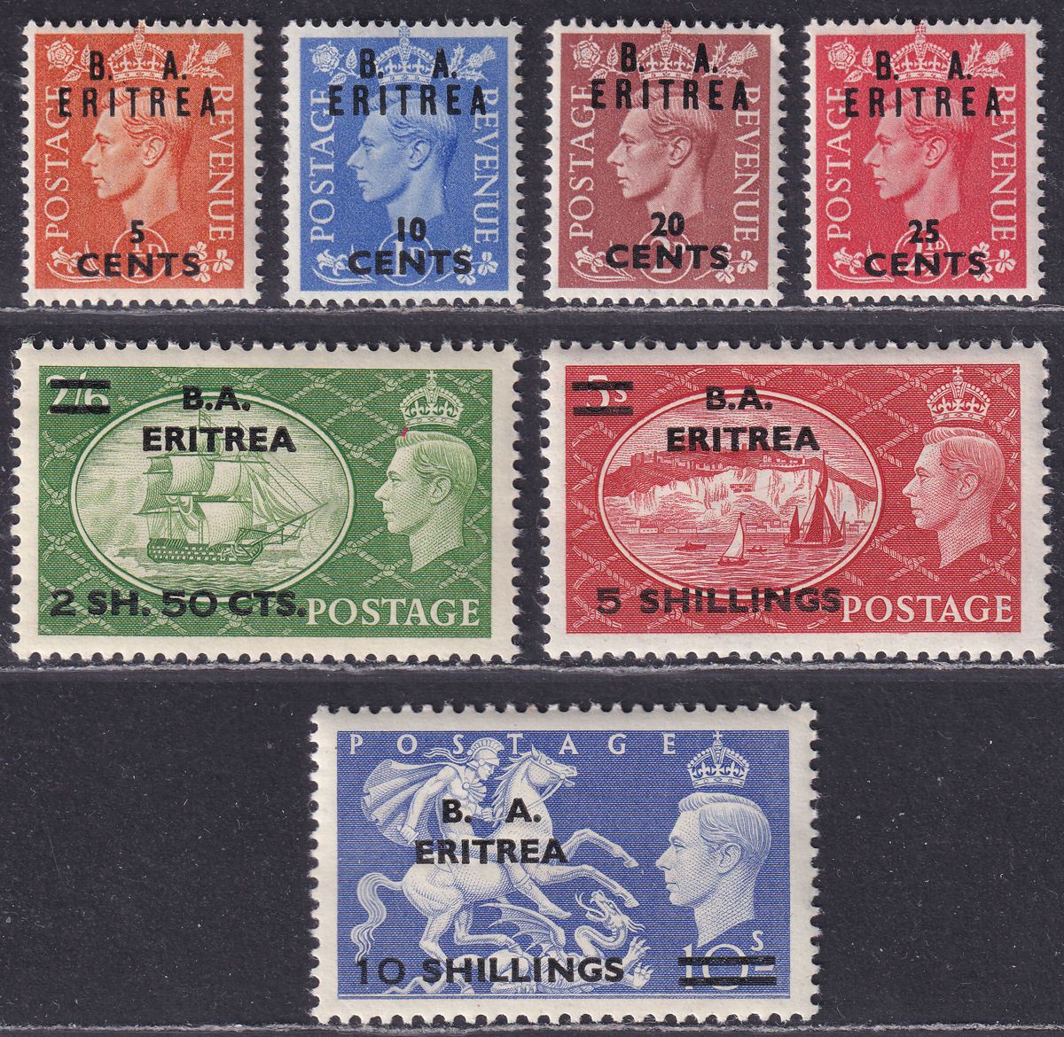 BOIC Eritrea 1951 KGVI BA Surcharge Set Mint SG E26-E32 cat £75
