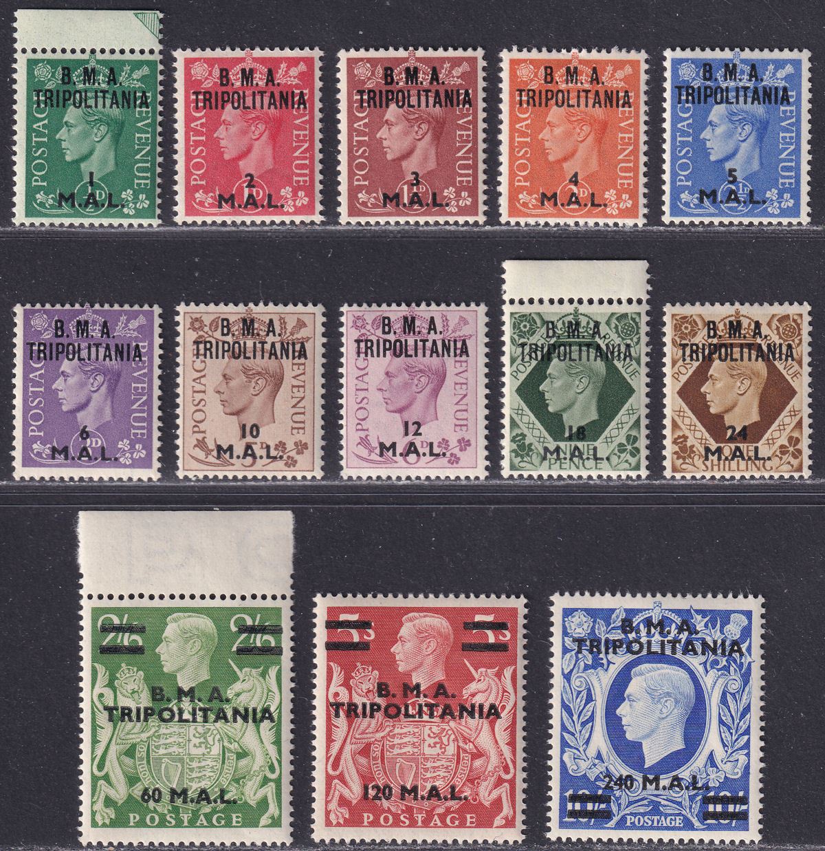 BOIC Tripolitania 1948 KGVI BMA Surcharge Set UM Mint SG T1-T13 cat £75 MNH