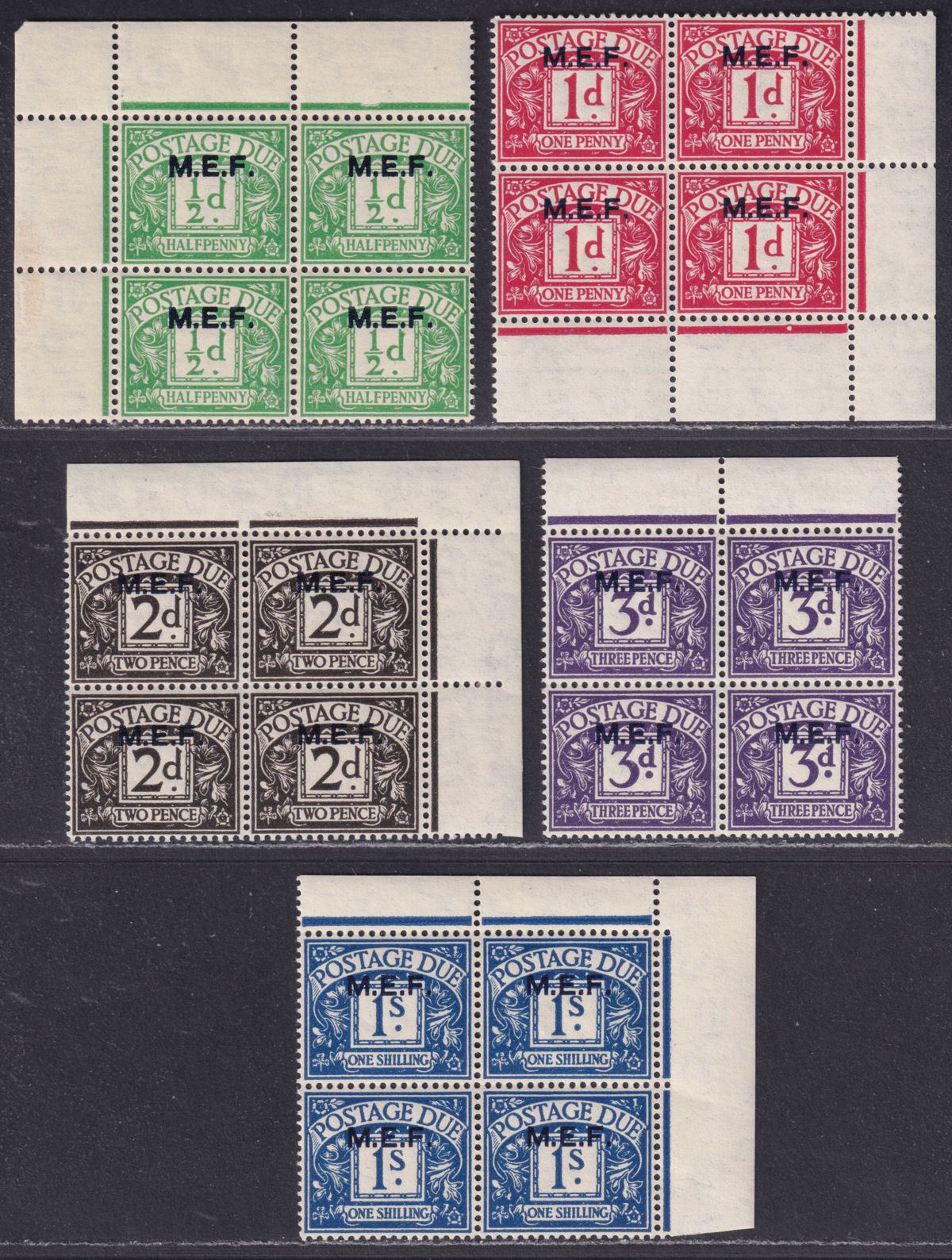 BOIC 1942 KGVI MEF Postage Due Overprint Block Set Mint SG MD1-MD5 cat £26