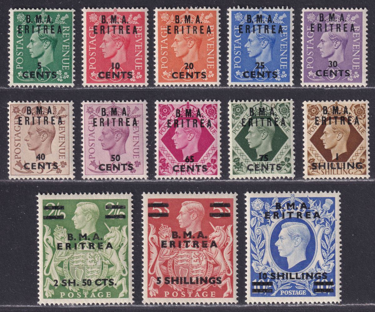 BOIC Eritrea 1948 KGVI BMA Surcharge Set UM Mint SG E1-E12 cat £75 MNH