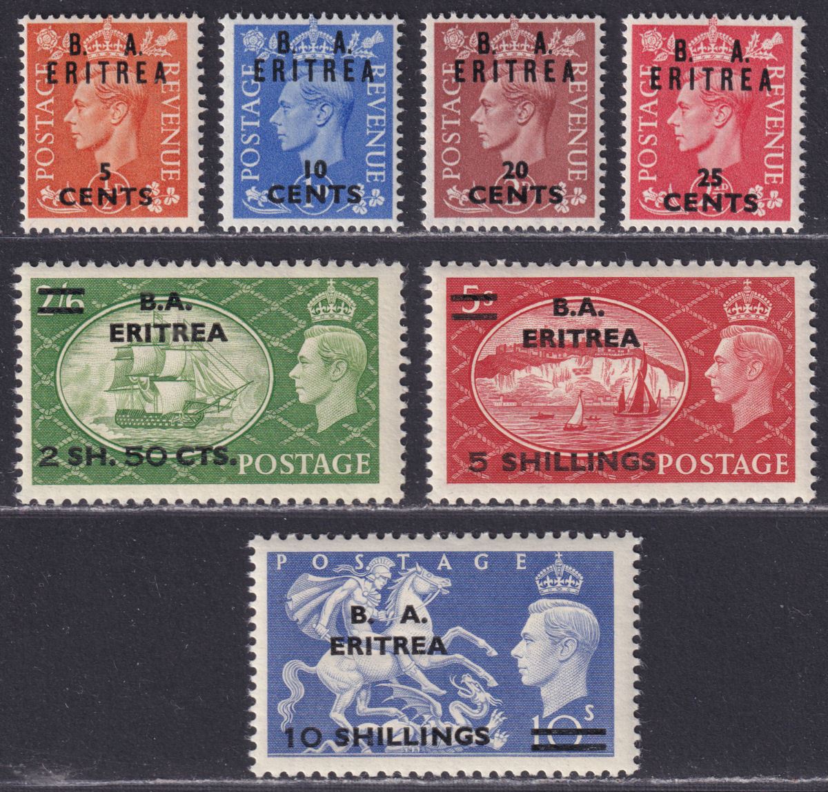 BOIC Eritrea 1951 KGVI BA Surcharge Set UM Mint SG E26-E32 cat £75 MNH
