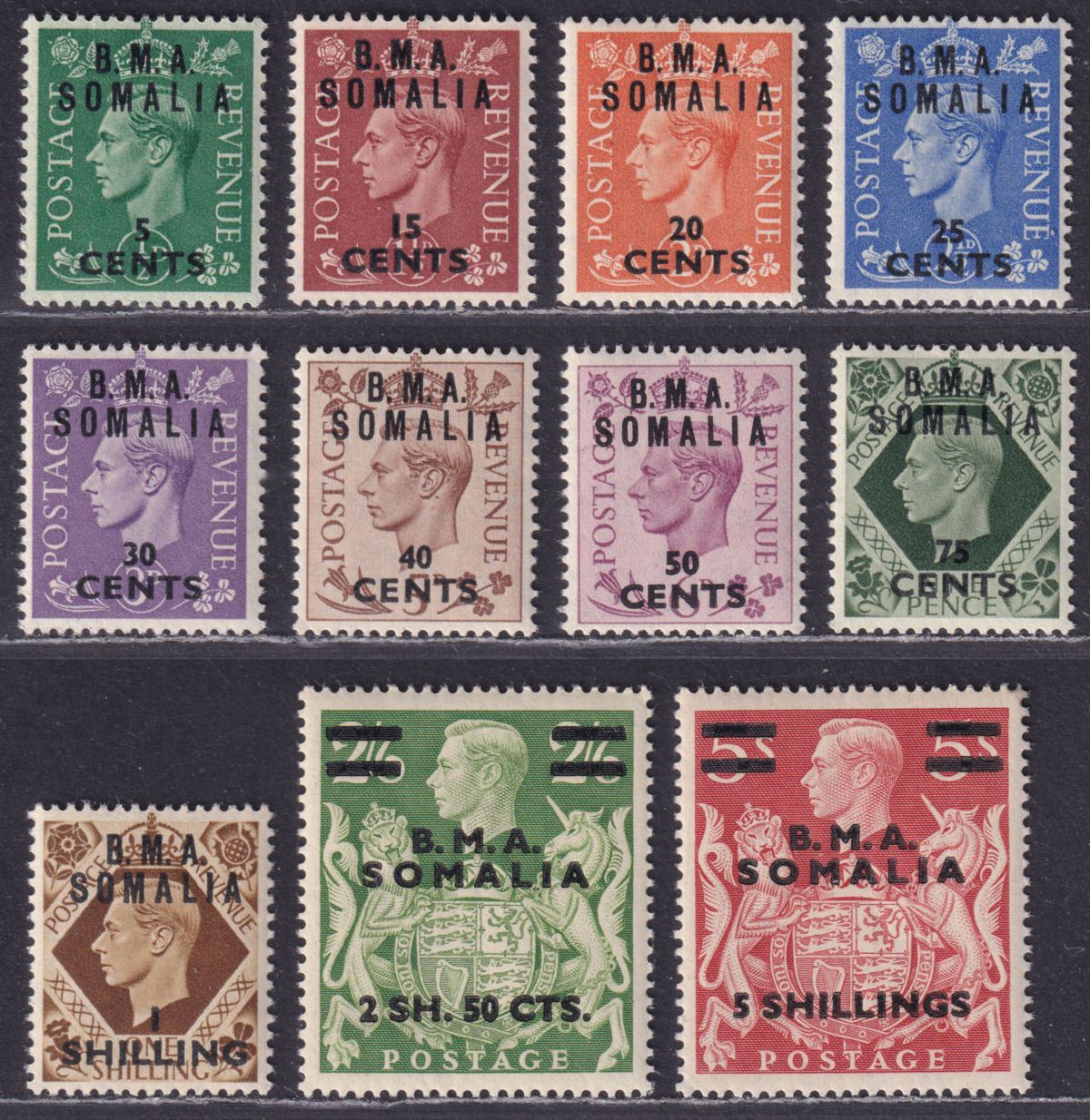 BOIC Somalia 1948 KGVI BMA Surcharge Set UM Mint SG S10-S20 cat £55