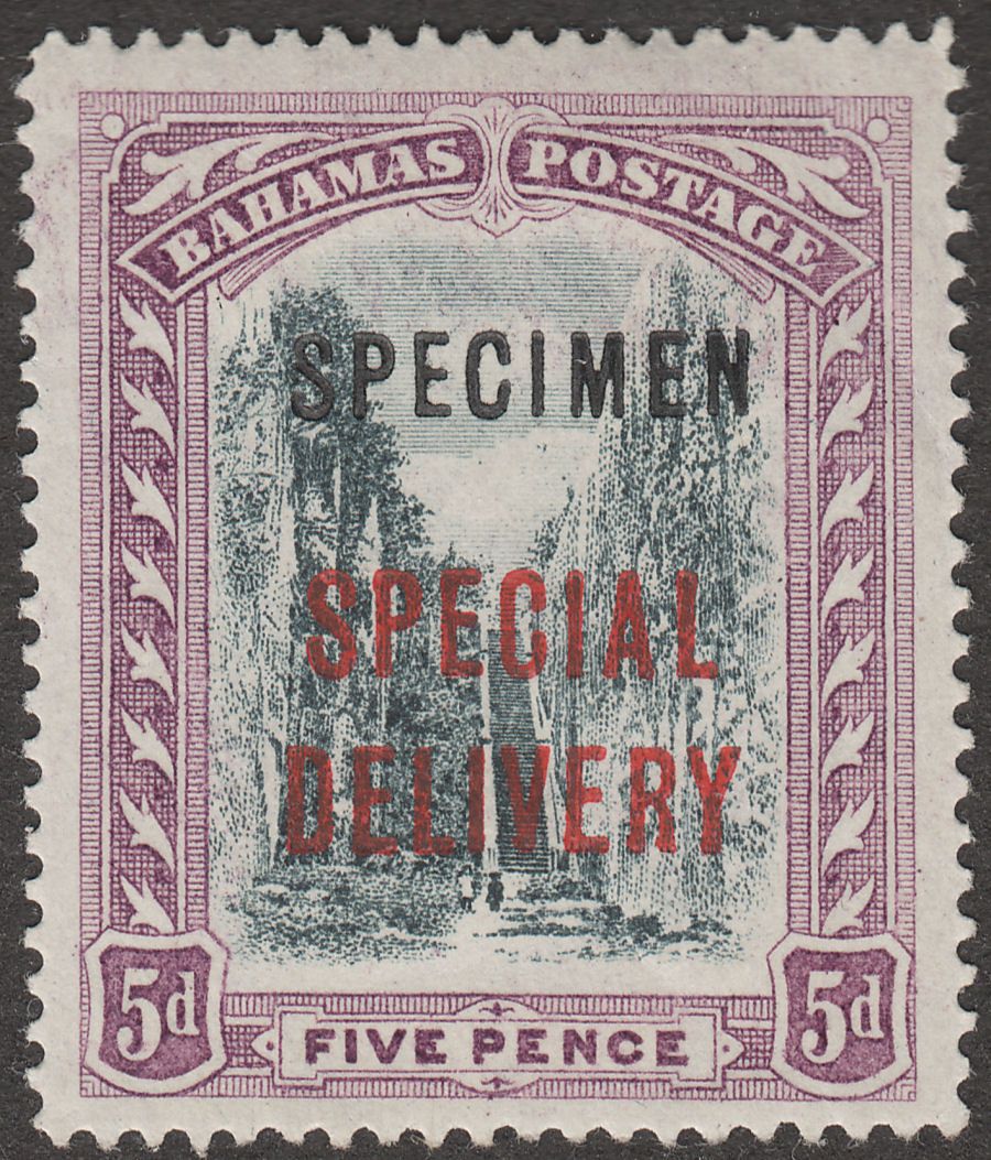 Bahamas 1918 KGV Special Delivery Overprint 5d Black and Mauve SPECIMEN SG S3s