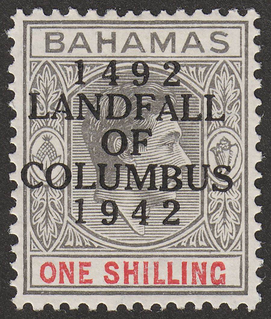 Bahamas 1942 KGVI Columbus 1sh Brownish Grey and Scarlet Mint SG171
