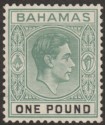Click for more photos and details Bahamas 1938 KGVI £1 Deep Grey-Green and Black Mint SG157