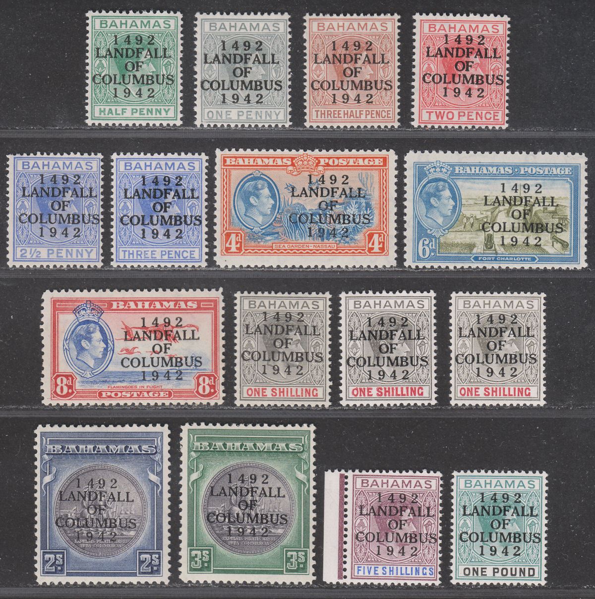 Bahamas 1942 KGVI Columbus Overprint Set Mint SG162-175a cat £80++