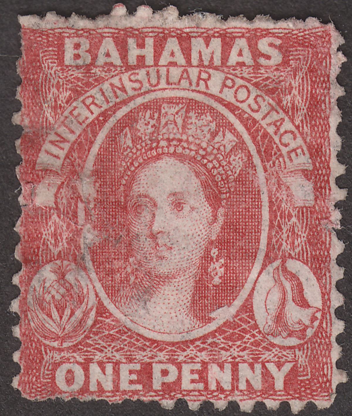 Bahamas 1875 QV Chalon 1d Carmine-Lake perf 12½ Unused SG21x with faults