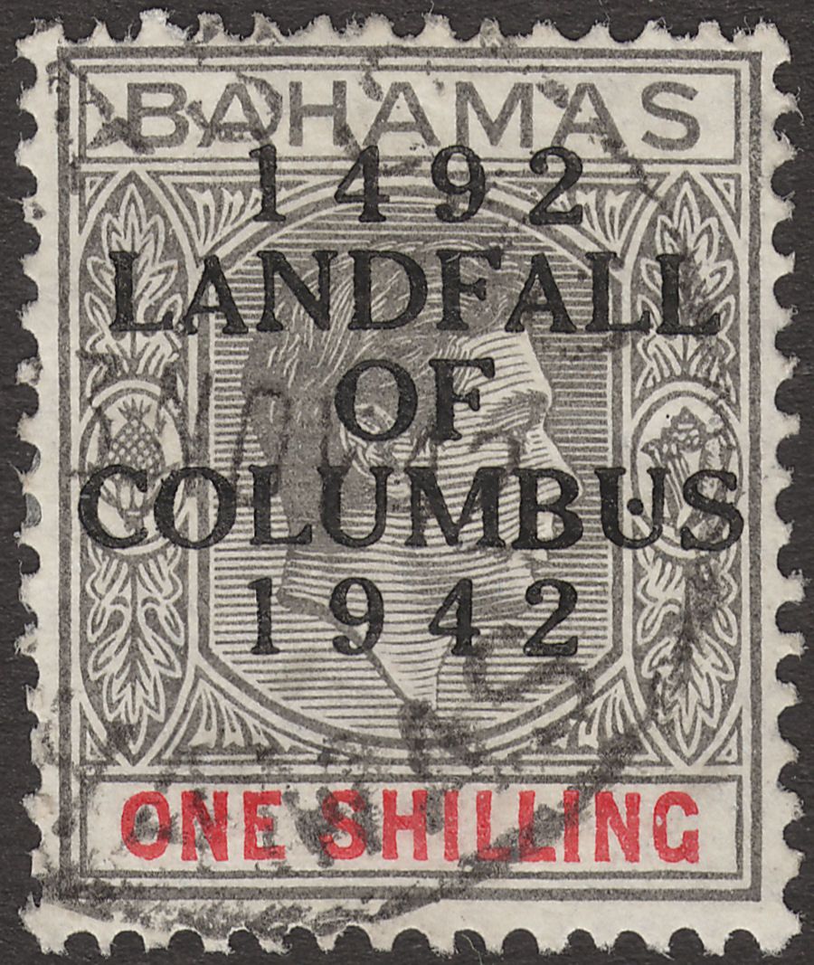 Bahamas 1942 KGVI Columbus 1sh Brownish Grey and Scarlet Used SG171