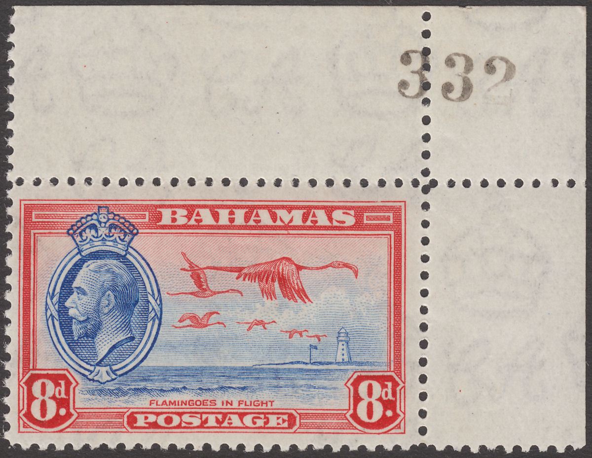 Bahamas 1935 KGV Flamingos 8d Ultram + Scarlet with Sheet Number Mint SG145