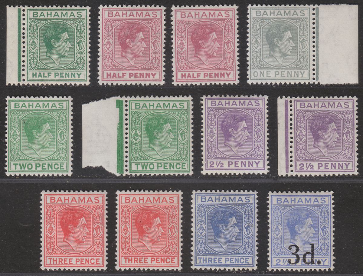 Bahamas 1938-52 King George VI Part Set to 3d with Shades Mint