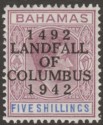 Bahamas 1942 KGVI Columbus 5sh Reddish Lilac and Blue Mint SG174
