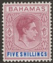 Click for more photos and details Bahamas 1951 KGVI 5sh Red-Purple and Deep Bright Blue Mint SG156e