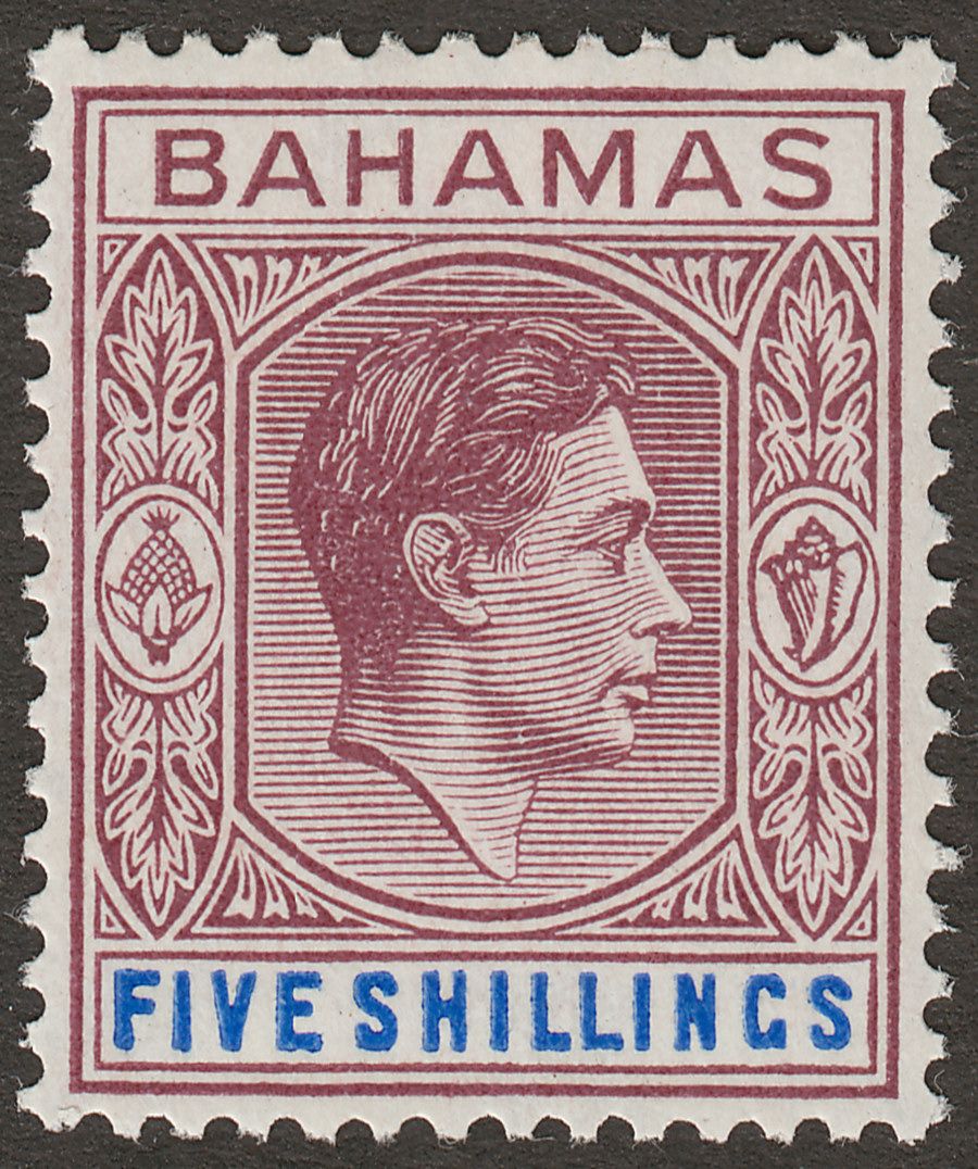 Bahamas 1948 KGVI 5sh Brown-Purple and Deep Bright Blue Mint SG156d