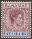 Bahamas 1948 KGVI 5sh Brown-Purple and Deep Bright Blue Mint SG156d