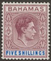 Click for more photos and details Bahamas 1948 KGVI 5sh Brown-Purple and Deep Bright Blue Mint SG156d