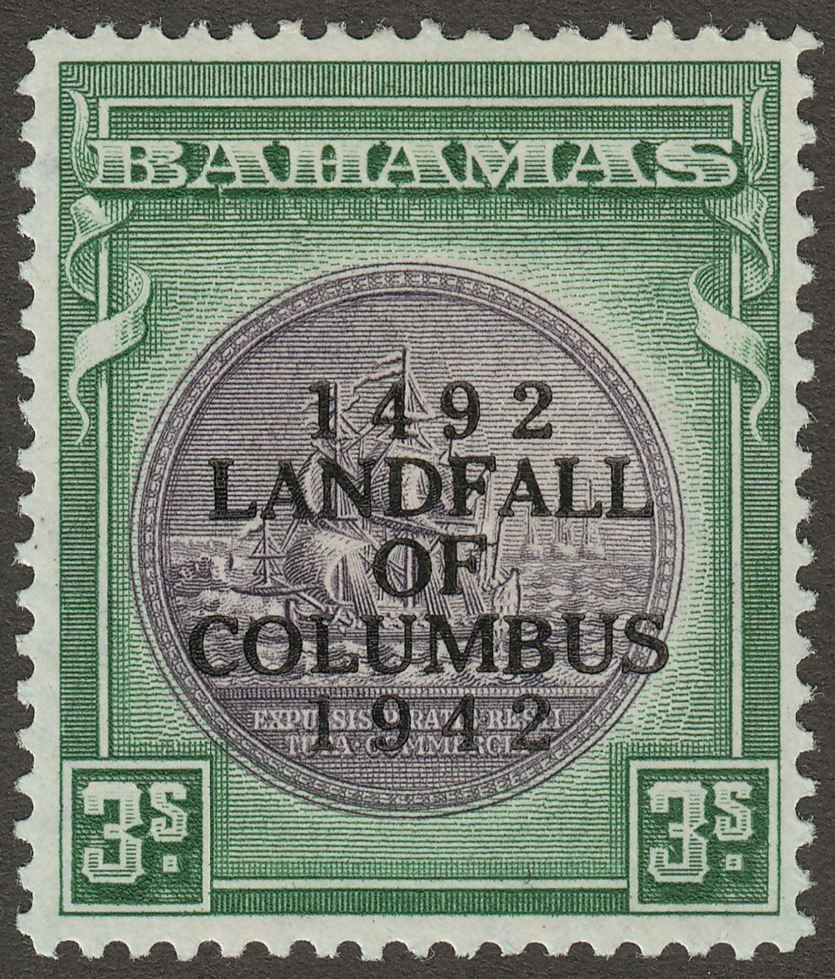 Bahamas 1942 KGVI Columbus 3sh Slate-Purple and Myrtle-Green Mint SG173