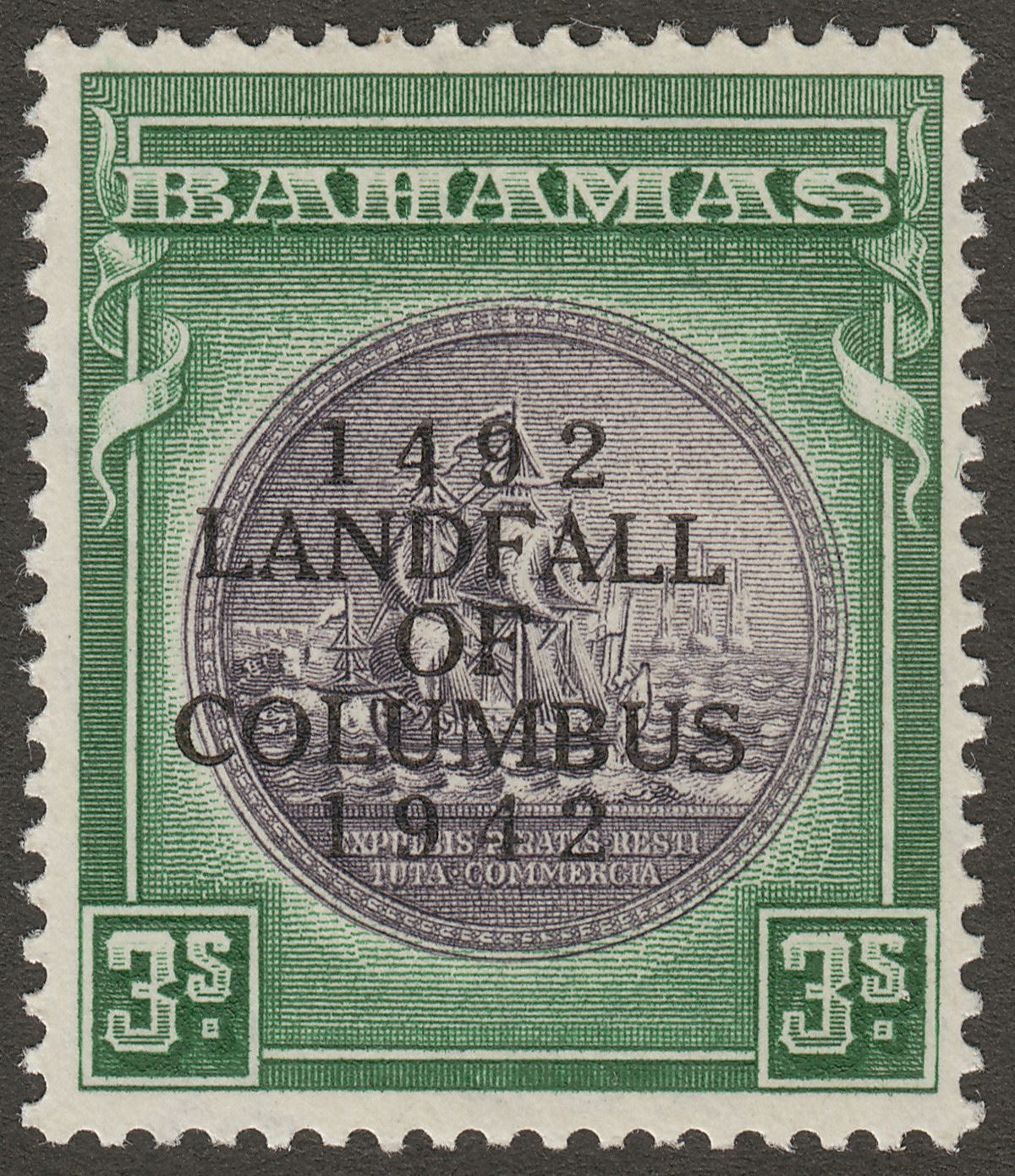Bahamas 1942 KGVI Columbus 3sh Slate-Purple and Myrtle-Green Mint SG173
