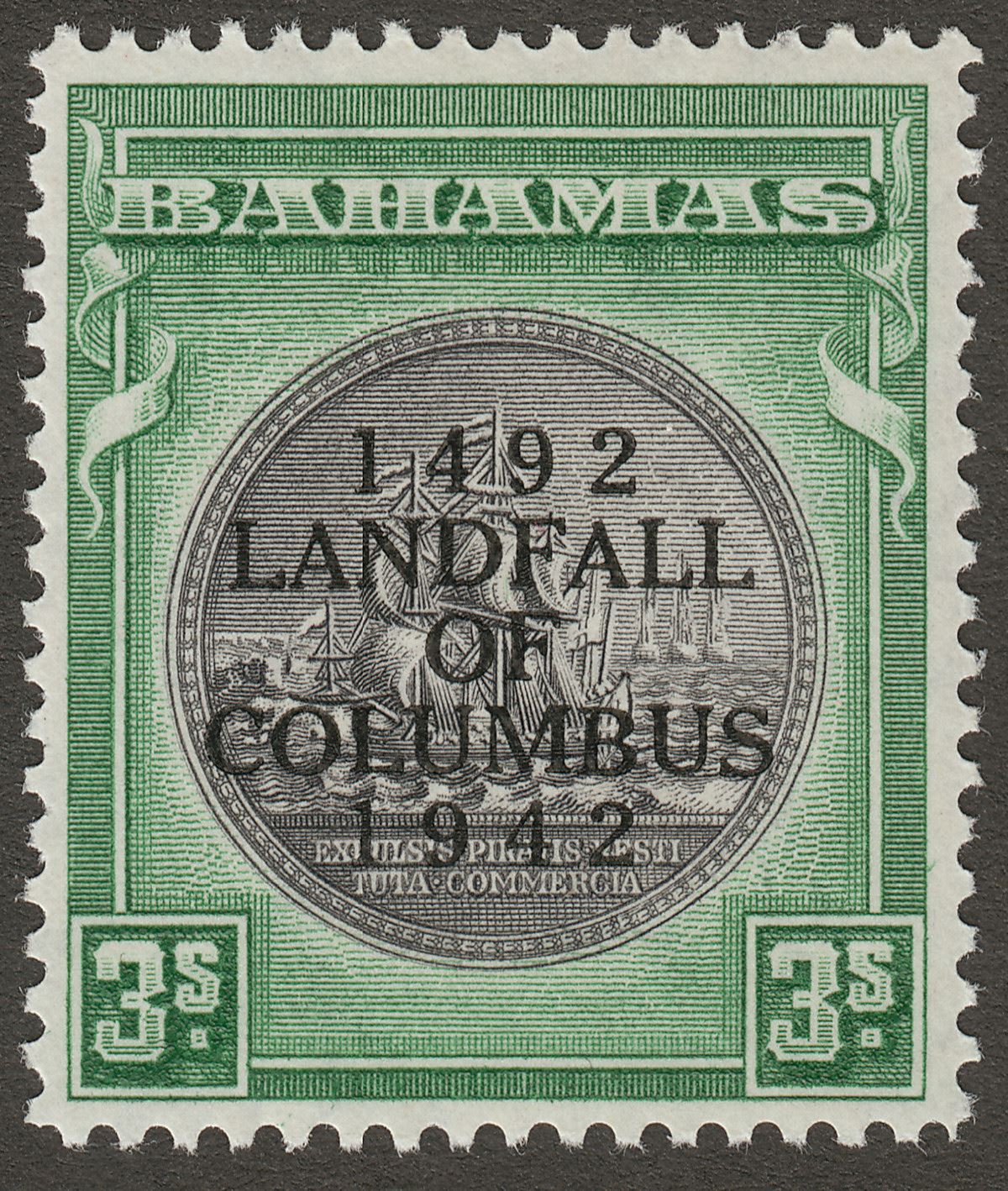 Bahamas 1942 KGVI Columbus 3sh Brownish Black and Green Mint SG173a