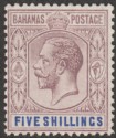 Click for more photos and details Bahamas 1912 KGV 5sh Pale Dull Purple and Deep Blue wmk Crown Mint SG88a