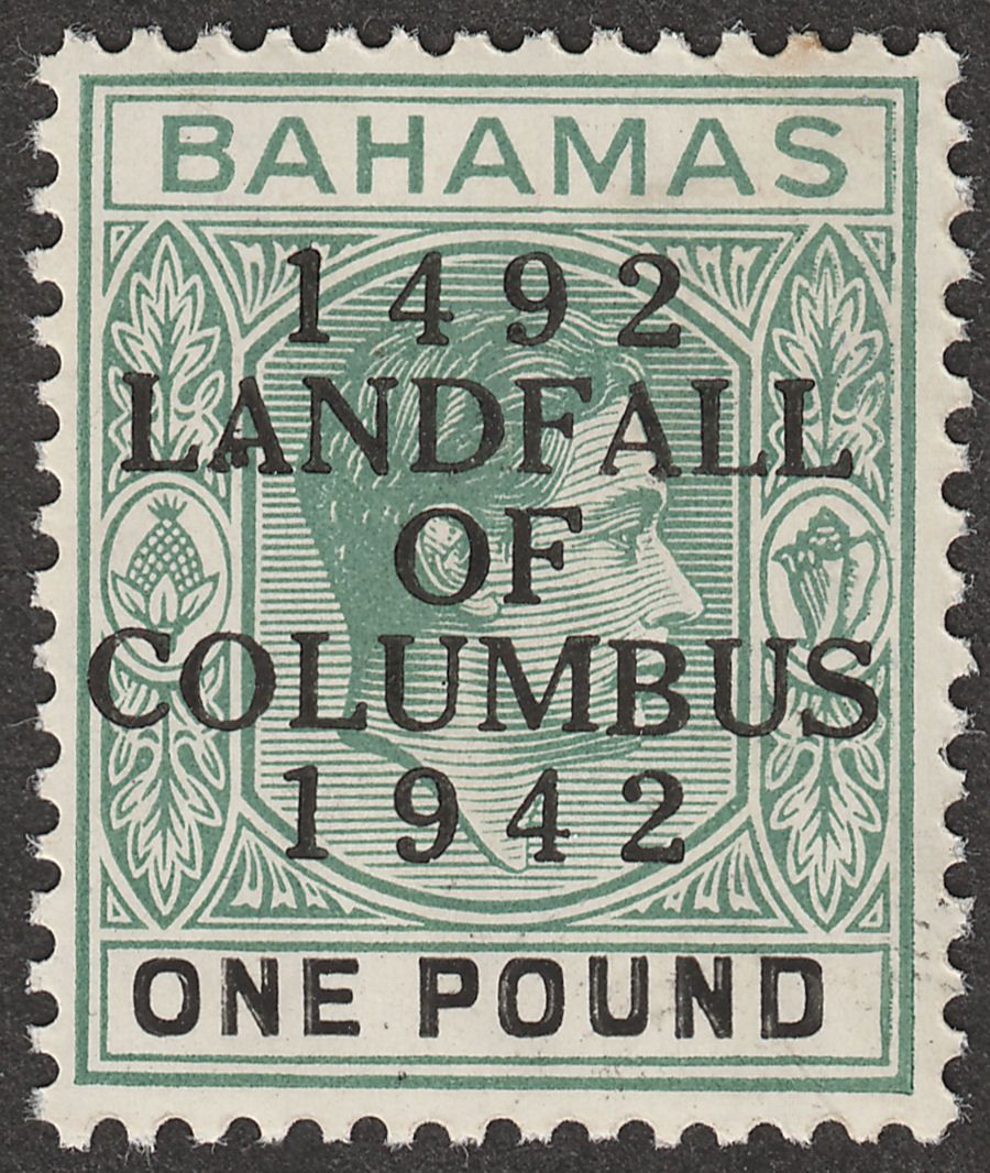 Bahamas 1942 KGVI Columbus £1 Deep Grey-Green and Black Mint SG175