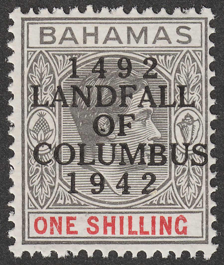 Bahamas 1942 KGVI Columbus 1sh Brownish Grey + Scar Mint SG171 Variety Dot in O
