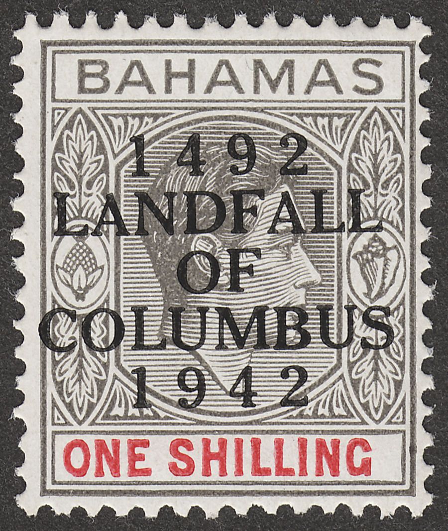Bahamas 1942 KGVI Columbus 1sh Grey-Black and Bright Crimson Mint SG171b
