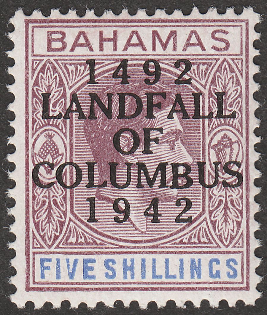 Bahamas 1942 KGVI Columbus 5sh Purple and Blue Mint SG174a