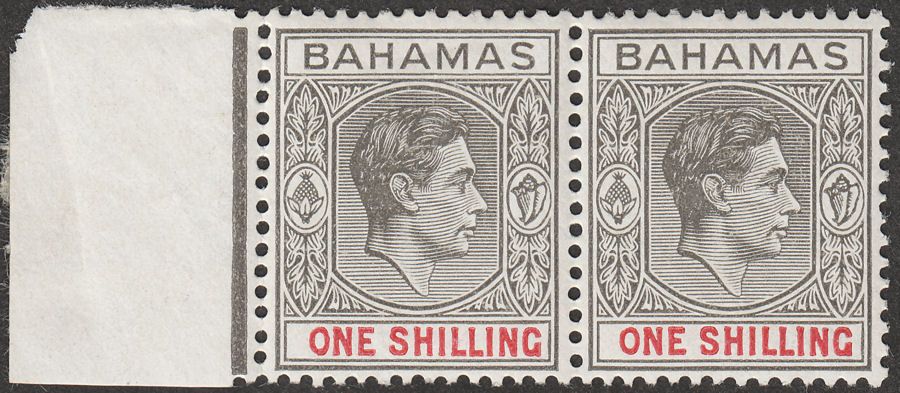 Bahamas 1944 KGVI 1sh Grey-Black and Bright Crimson Marginal Pair Mint SG155c